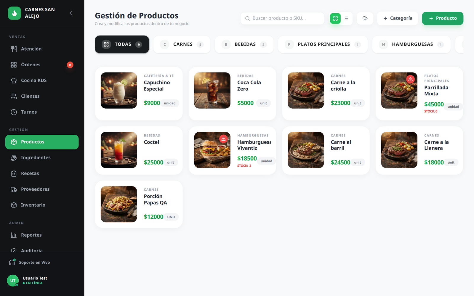 Lista de productos y precios en el catálogo de Vivantiz