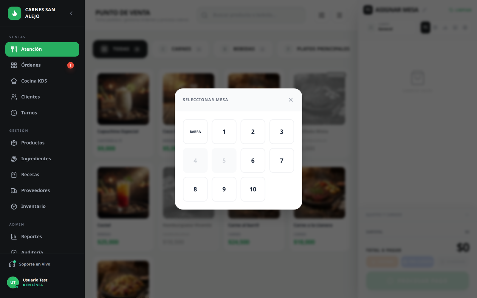 Selector emergente de mesas en Vivantiz