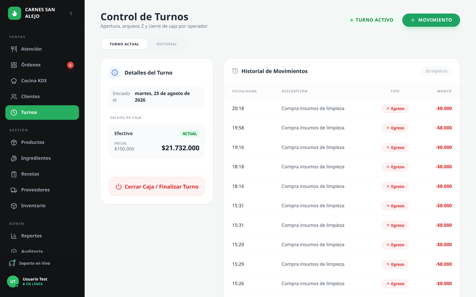 Panel de control de turnos y saldos de caja en Vivantiz